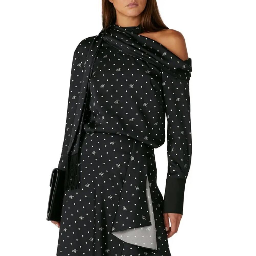 Monse Navy blue M Polka Dot Drape Scarf Long Sleeve Blouse Top WOMENS 10